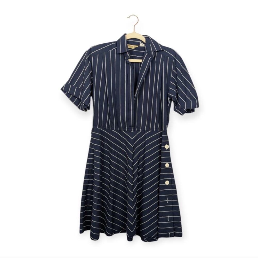 Vintage Schrader Sport Shirt Dress 4 Navy White Stripe Midi Button Front Classic